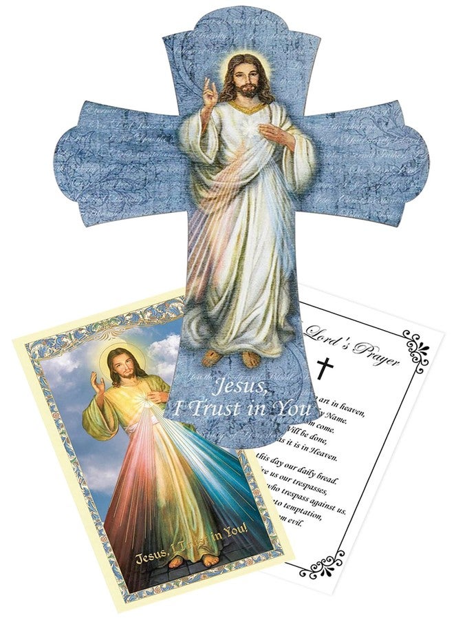 Trendzeen Divine Mercy Picture - Divine Mercy Door Blessing, Divine Mercy Prayer Card, The Lord's Prayer Card | Divine Mercy Image Wood Cross Plaque Set | Divine Mercy Wall Hanging For Home Decor, Art | 3 Items - Image 1